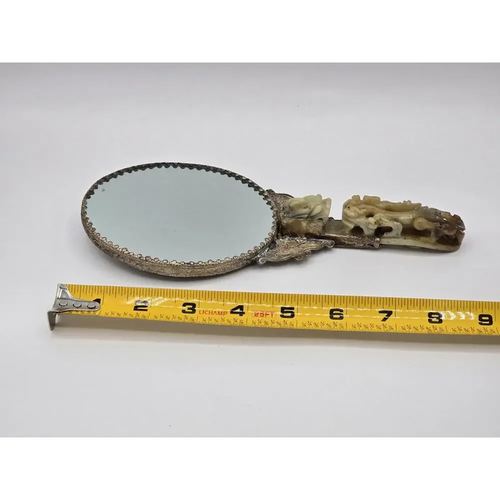 Antique Chinese Silver-plated Hand Mirror with Carved Jade Belt Hook Handle